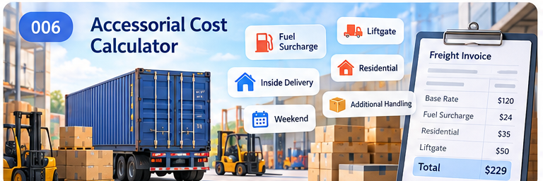 An accessorial cost invoice showing base freight, fuel surcharge, residential delivery and liftgate totals beside freight vehicles and packages.