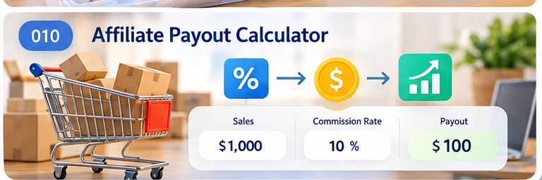 Affiliate payout calculator showing orders, commission, and refund adjustments.
