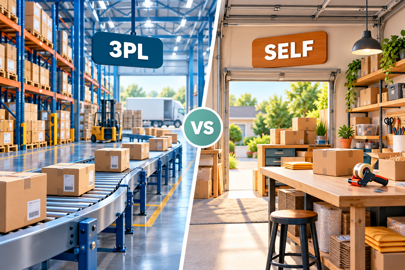 Side-by-side 3PL warehouse and self-fulfilment workspace.